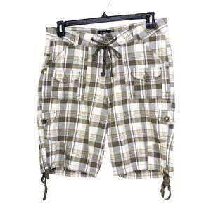 Womens Shorts Size 10 Plaid Taupe Gray Cargo Tie Hem Casual Comfort Lightweight